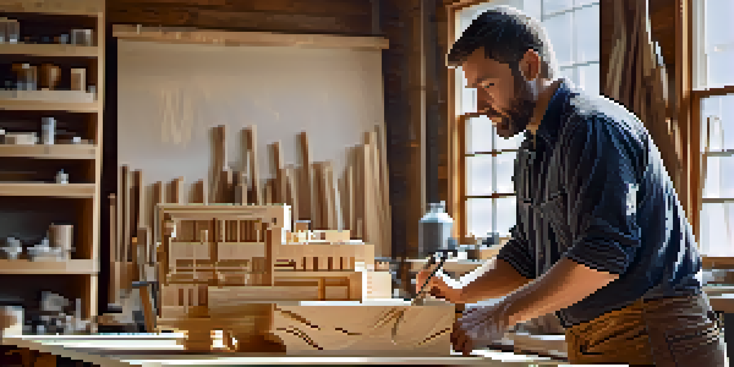 A woodcarver working on a CNC machine in a bright workshop, showcasing tools and wood sculptures.