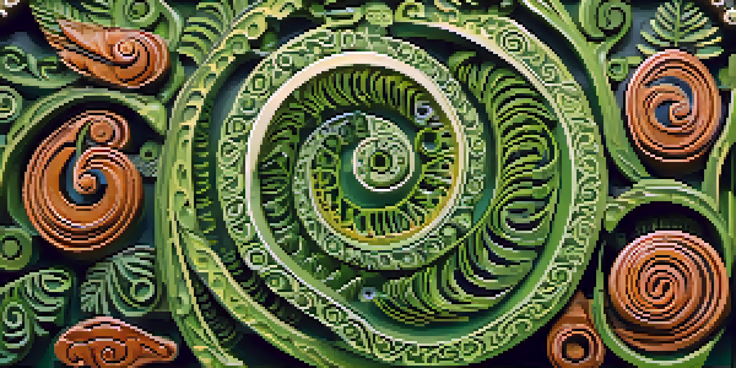 Maori carvings featuring koru spirals set against green New Zealand plants, illuminated by soft sunlight.