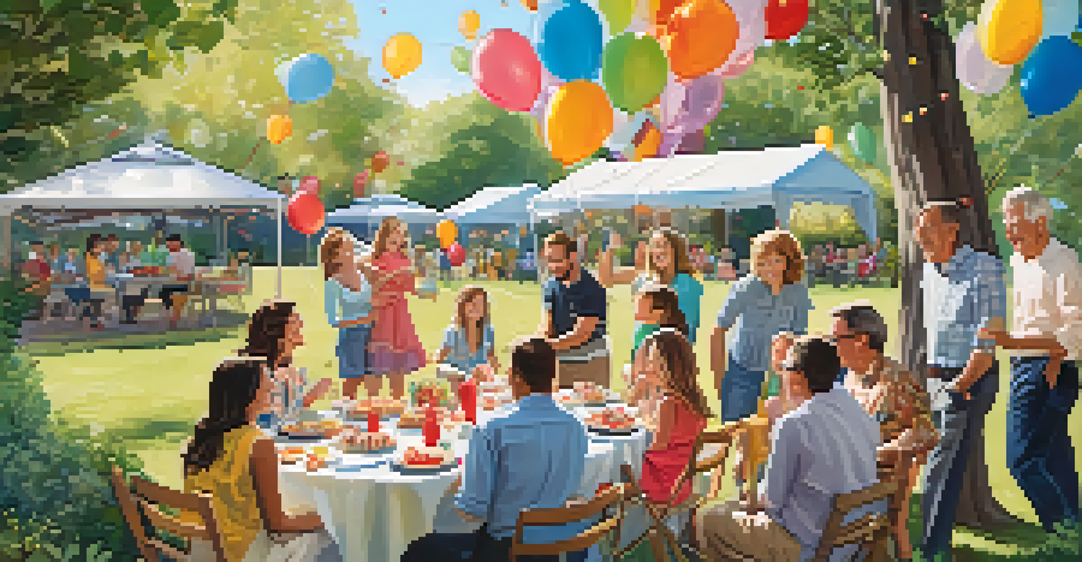 A family celebrating a birthday outdoors, with balloons, a cake, and joyful interactions among family members.