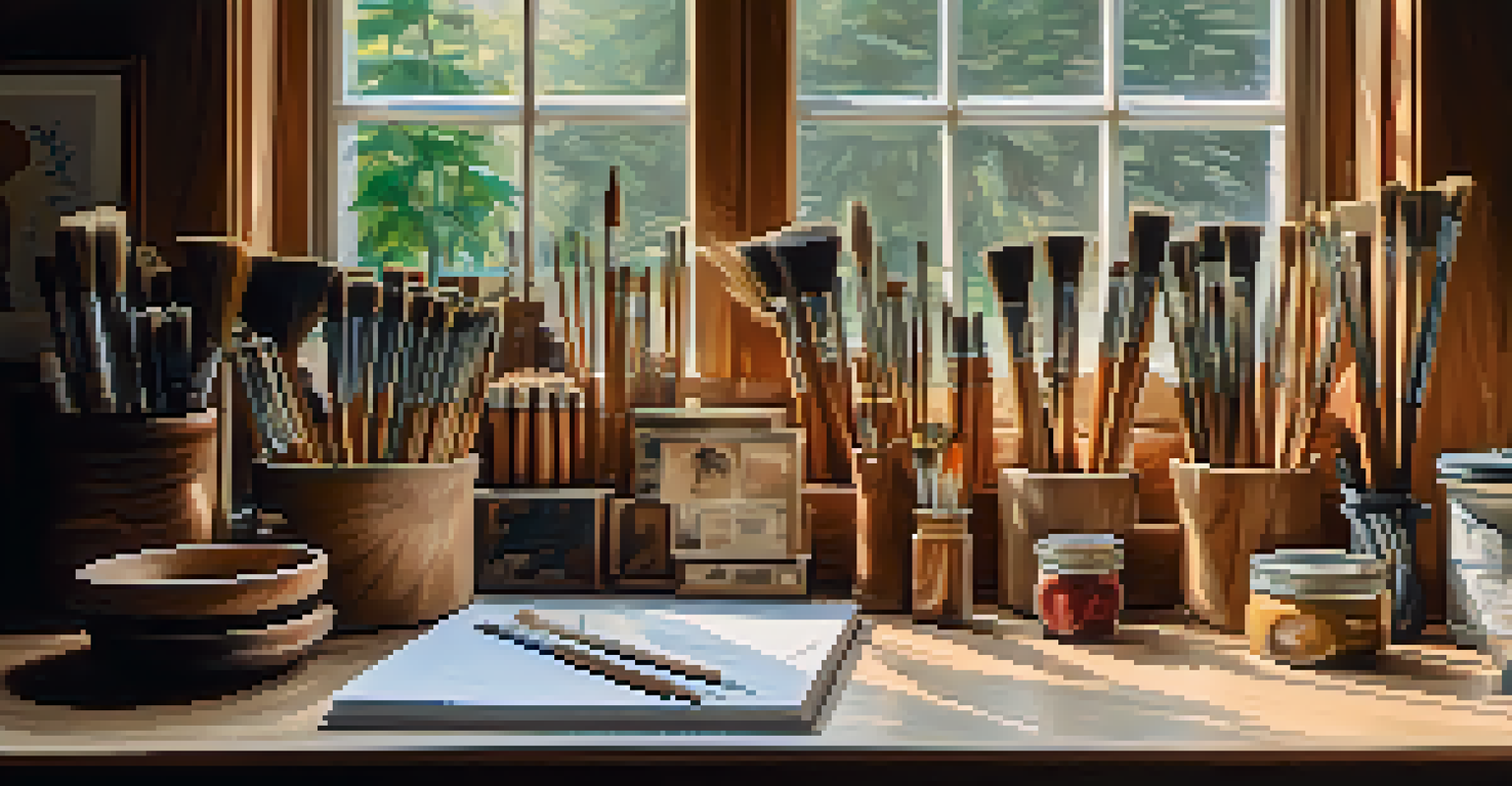 An artist's workspace with wood carving tools and a floral design sketch, illuminated by natural light.