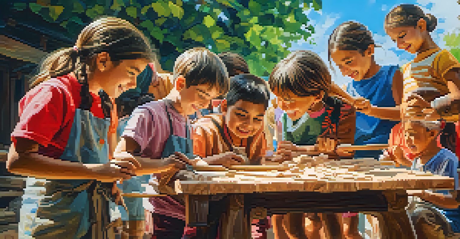 Children learning wood carving techniques from an elderly artisan outdoors, surrounded by colorful carvings and a bright blue sky.