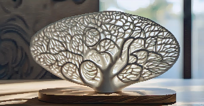 A detailed view of a 3D printed sculpture inspired by nature, highlighting its intricate organic shapes and textures under soft natural light.