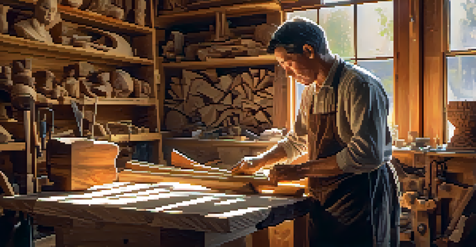 An artisan focused on hand-carving a wooden sculpture in a bright workshop filled with tools and wood shavings.