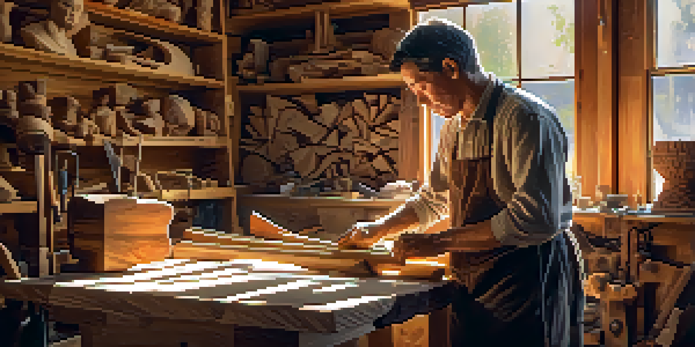 An artisan focused on hand-carving a wooden sculpture in a bright workshop filled with tools and wood shavings.