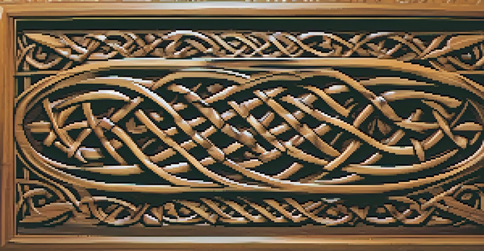 A wooden panel featuring intricate Celtic knotwork and natural motifs, illuminated by warm light.