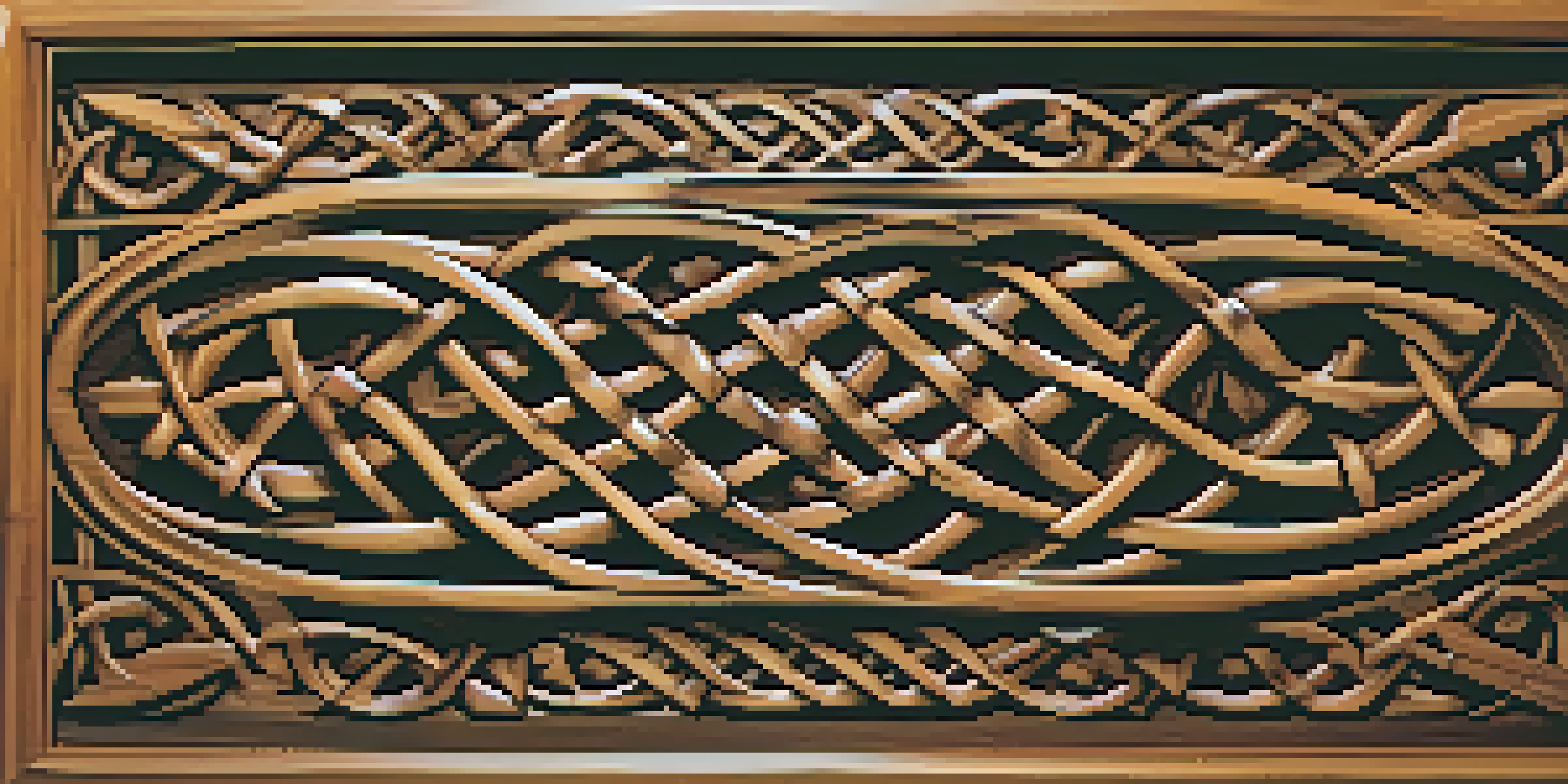 A wooden panel featuring intricate Celtic knotwork and natural motifs, illuminated by warm light.