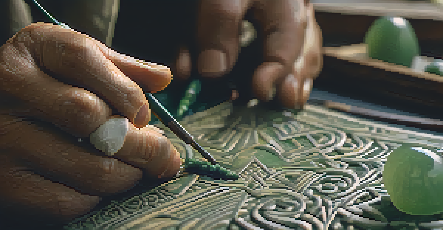 An artisan's hands carving jade with intricate patterns, focusing on the craftsmanship and tools used.