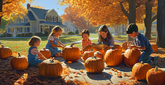 Children happily carving pumpkins with colorful tools on a sunny autumn day, surrounded by carved pumpkins and fallen leaves.