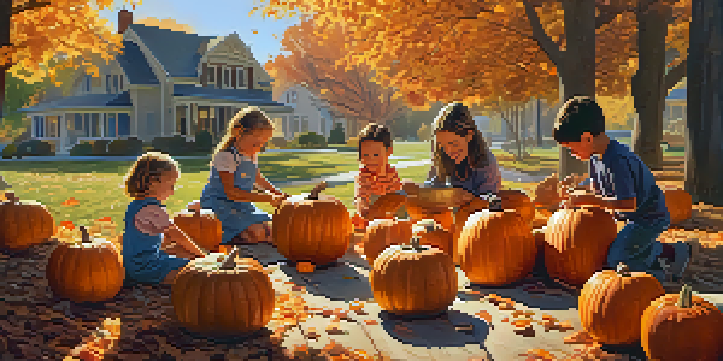 Children happily carving pumpkins with colorful tools on a sunny autumn day, surrounded by carved pumpkins and fallen leaves.