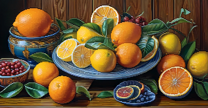 A platter with artistic citrus carvings of oranges and lemons, displayed on a wooden surface.