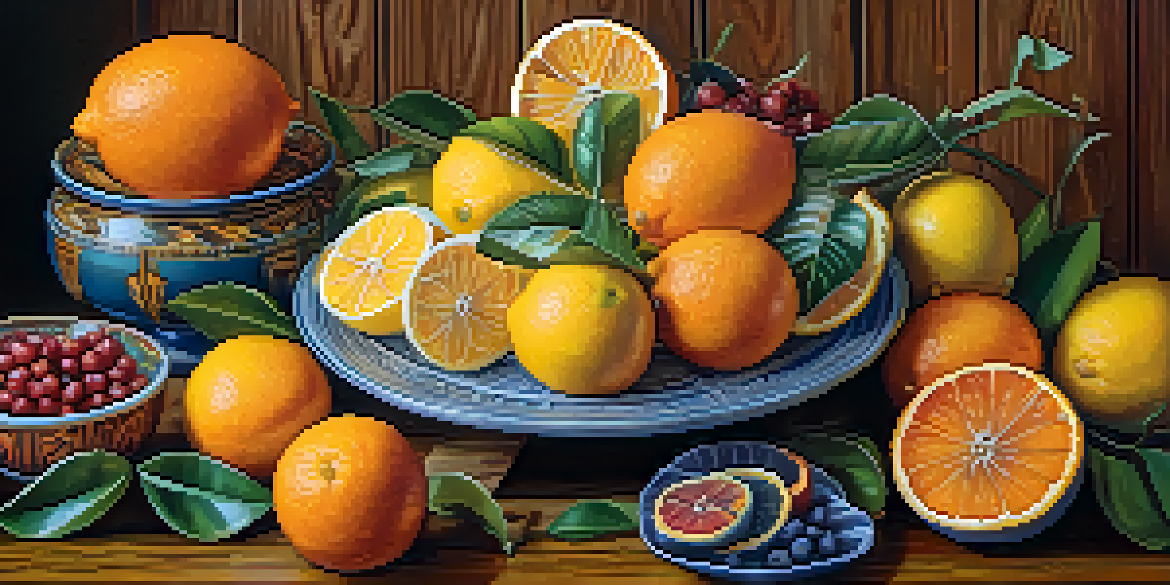 A platter with artistic citrus carvings of oranges and lemons, displayed on a wooden surface.