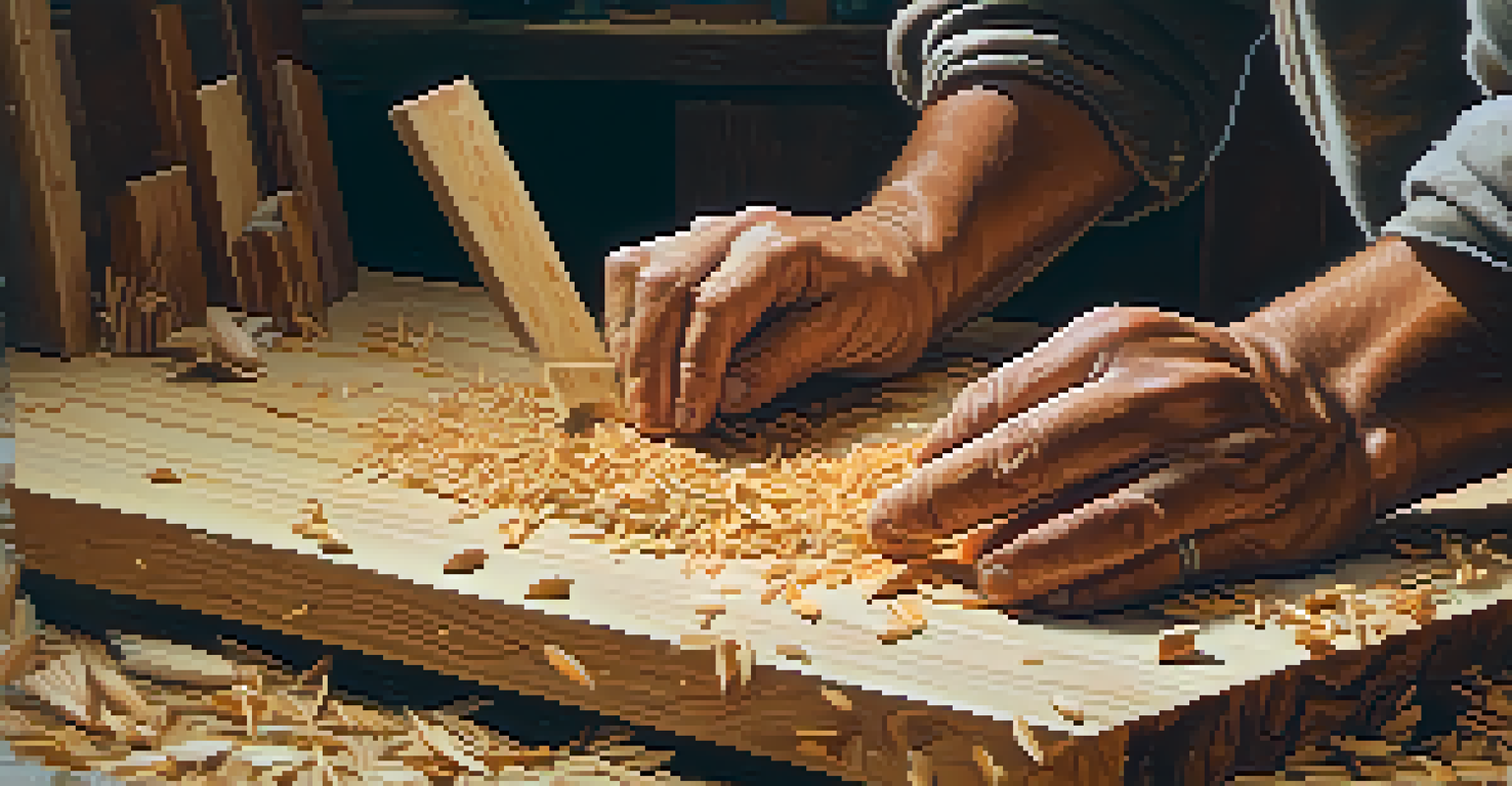 An artisan's hands carving wood with shavings around, highlighting craftsmanship.