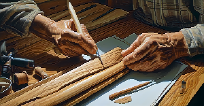 A close-up of a woodcarver's hands carving a lifelike animal figure from cedar wood, with tools around on a rustic workbench, illuminated by warm natural light.