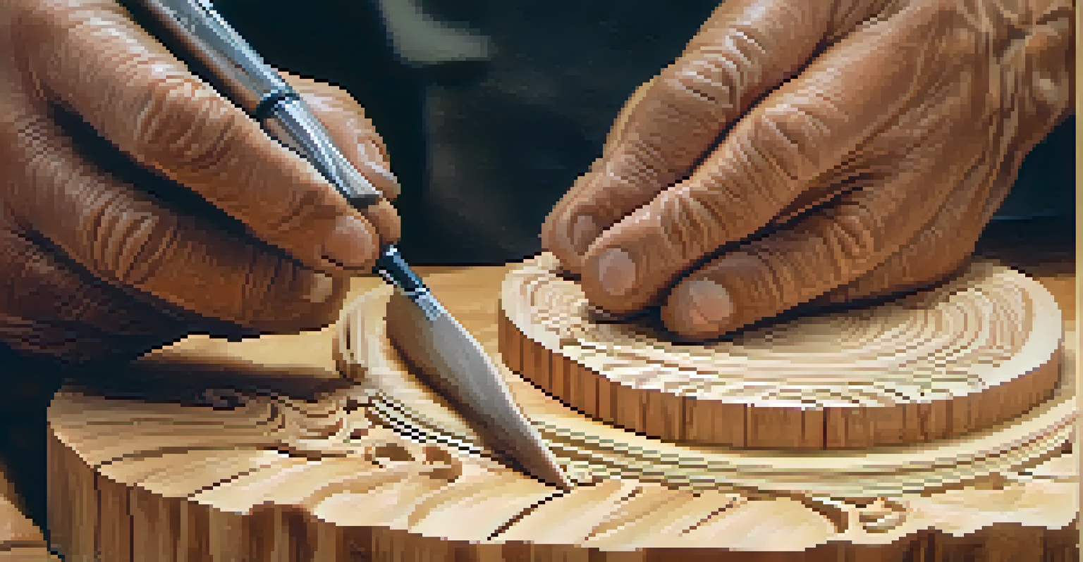 A close-up of hands carving a detailed wooden figure, showcasing the intricate grains and shavings, with a softly blurred background.