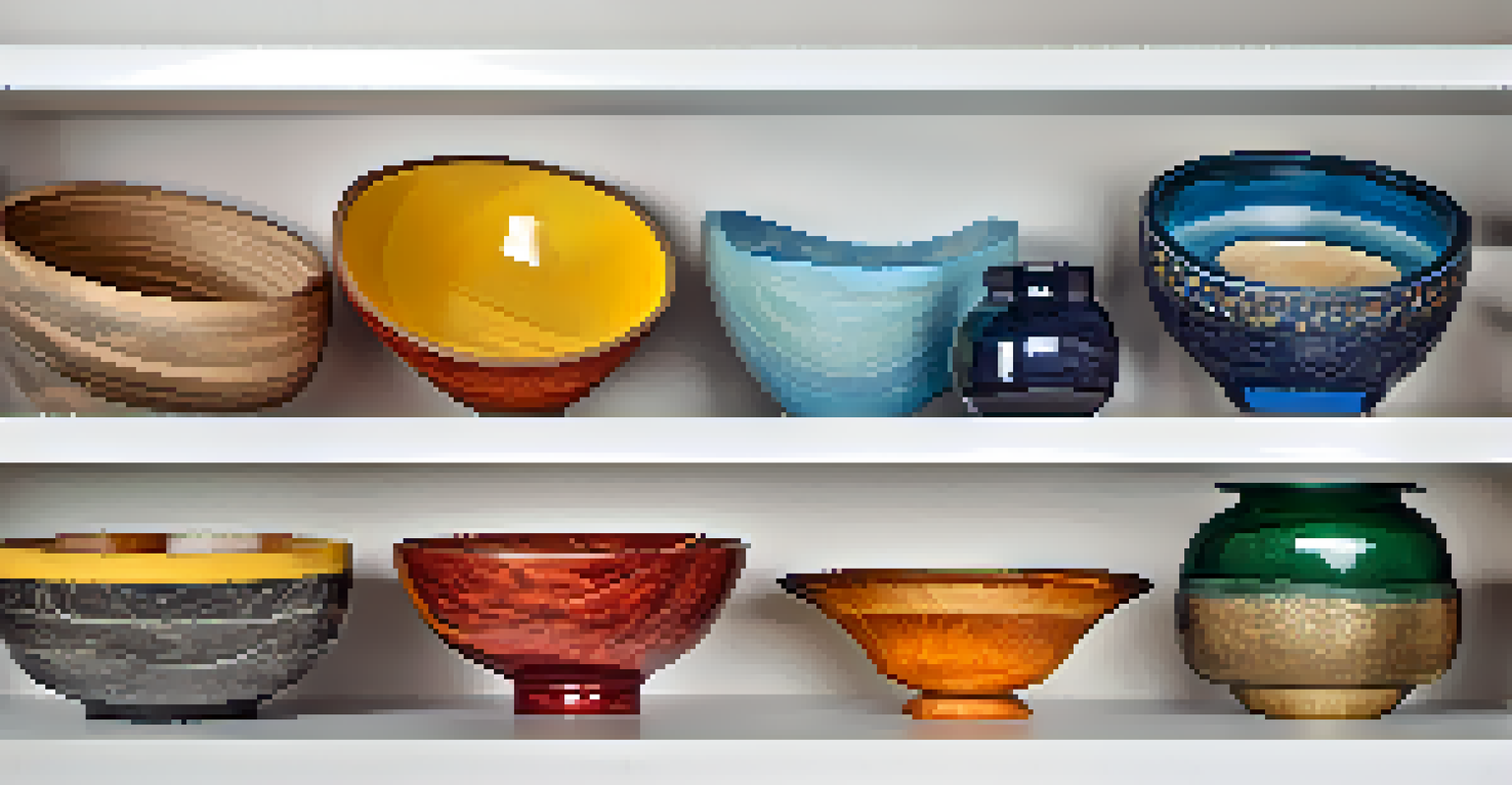 A variety of decorative bowls crafted from wood, resin, and stone, showcasing vibrant colors and unique designs against a white background.