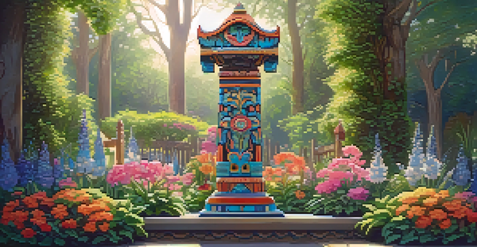 A wooden totem surrounded by colorful flowers in a peaceful garden, with sunlight filtering through the leaves.