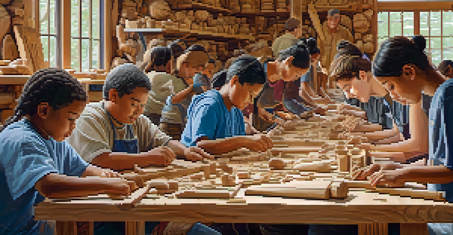 A lively community carving workshop with diverse individuals working on various carving projects together.
