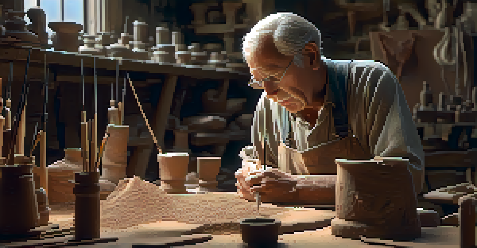 An elderly sculptor shaping clay in a cozy workshop, with tools and sculptures around him, and musical notes flowing in the air.