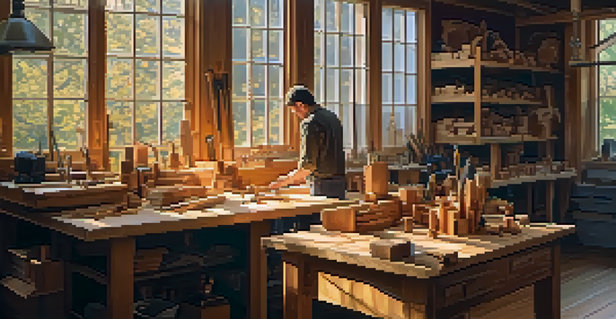A calm woodworking workshop with a craftsman carving a wooden figurine, surrounded by tools and wood shavings in warm light.