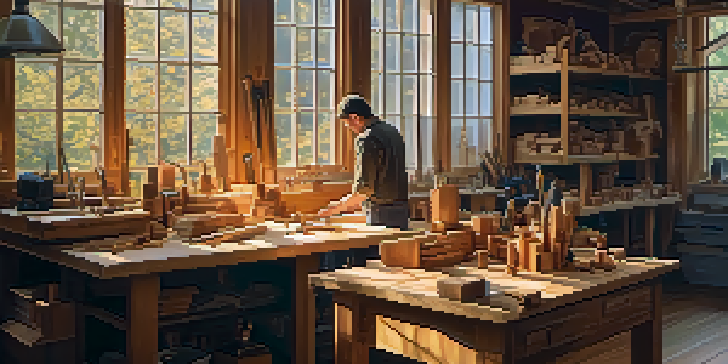 A calm woodworking workshop with a craftsman carving a wooden figurine, surrounded by tools and wood shavings in warm light.