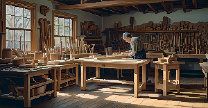 A wood carving workshop with a craftsman working on a piece, surrounded by tools and wooden artworks.