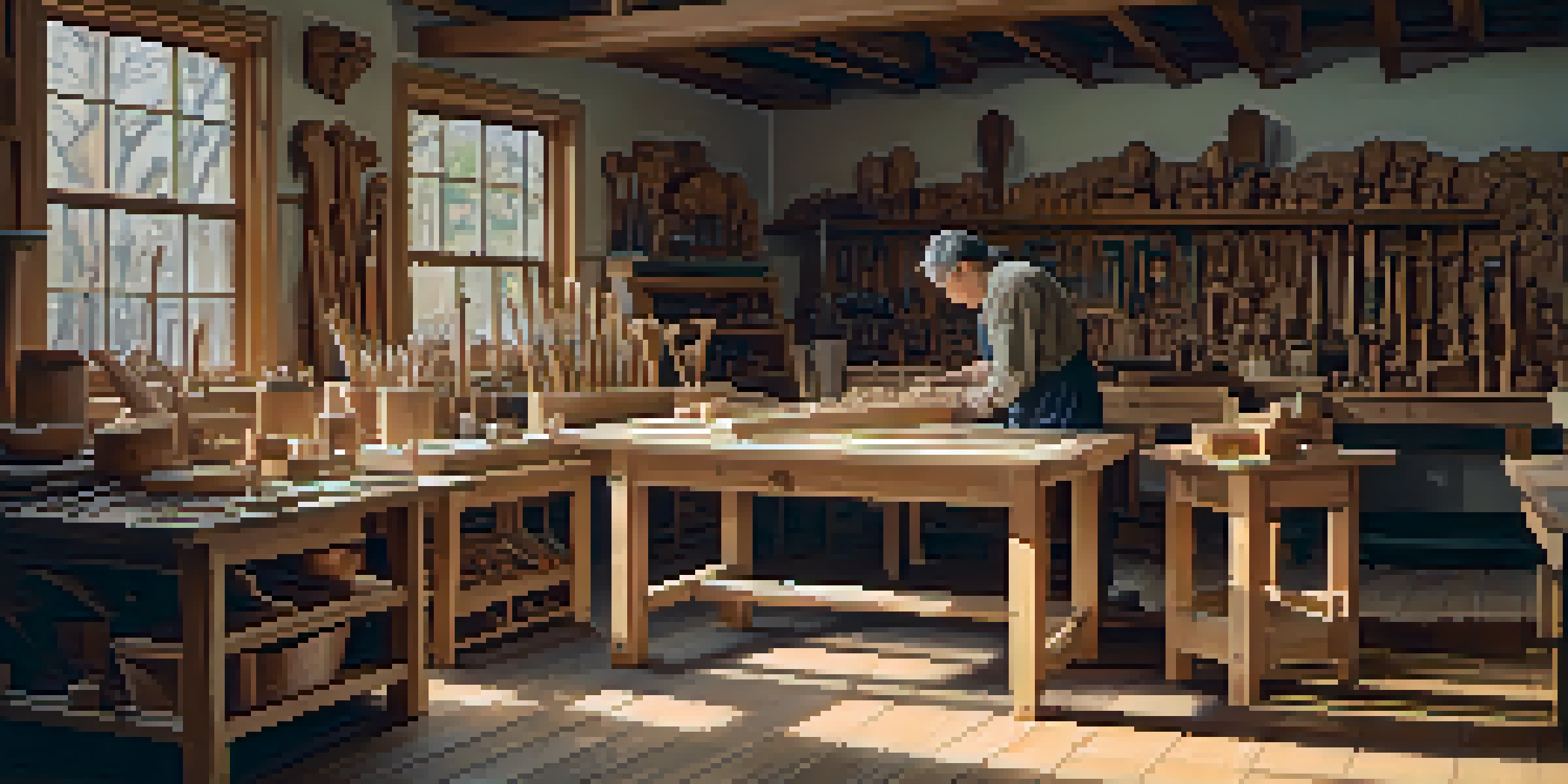A wood carving workshop with a craftsman working on a piece, surrounded by tools and wooden artworks.