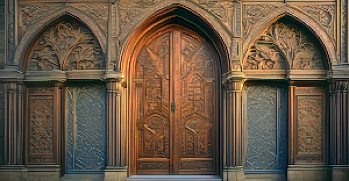 A carved wooden door with intricate patterns in front of a medieval castle during sunset.