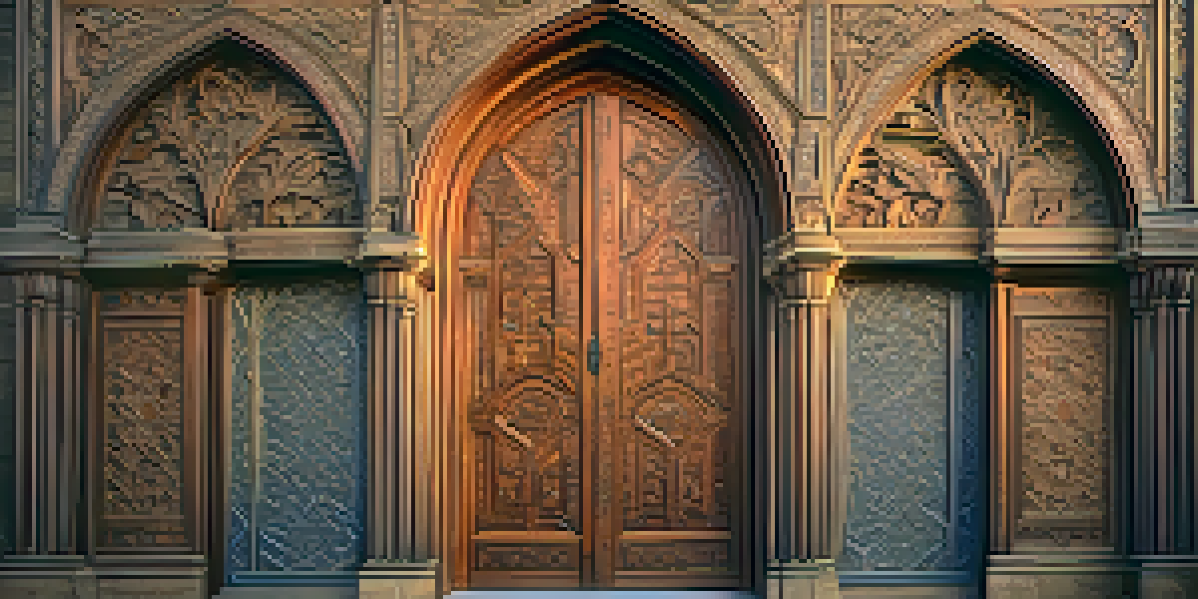 A carved wooden door with intricate patterns in front of a medieval castle during sunset.