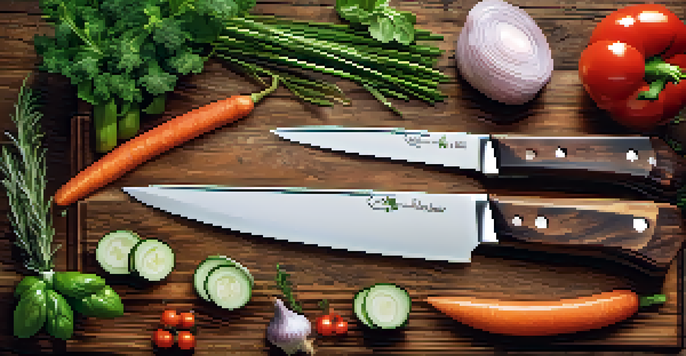 A set of carving knives on a wooden table surrounded by herbs and vegetables, lit softly.