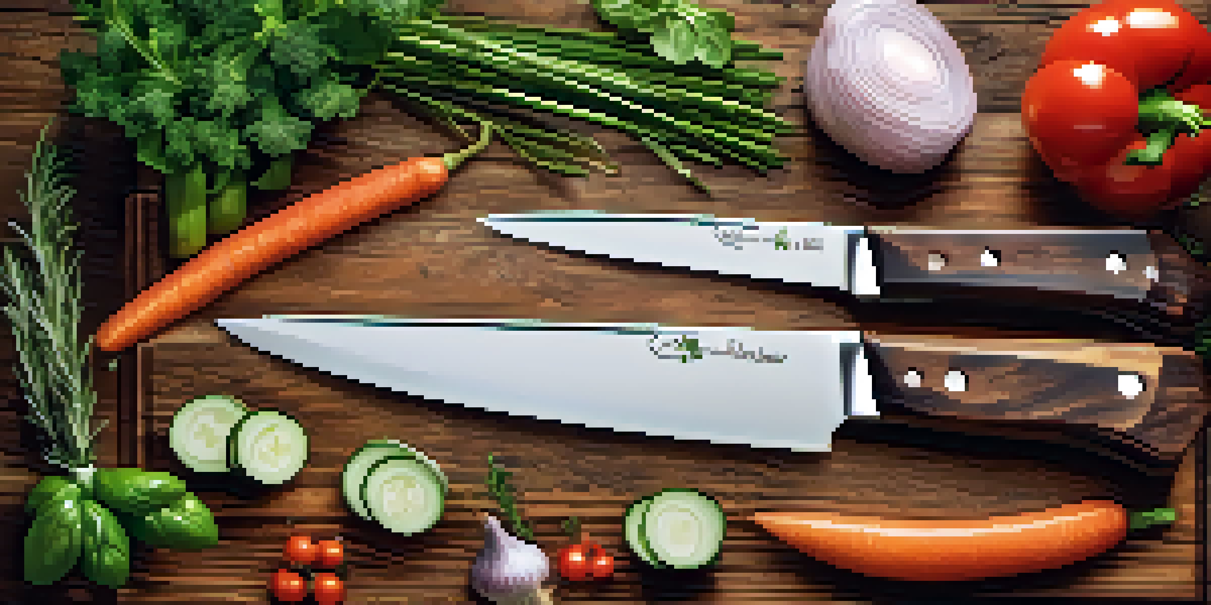 A set of carving knives on a wooden table surrounded by herbs and vegetables, lit softly.