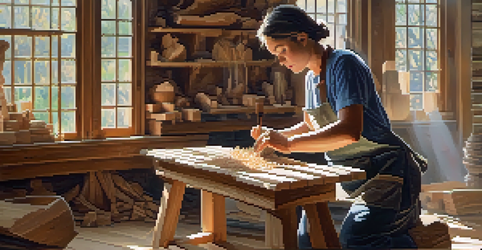 A skilled artisan carving a wooden sculpture in a sunlit workshop, surrounded by tools and wood shavings.
