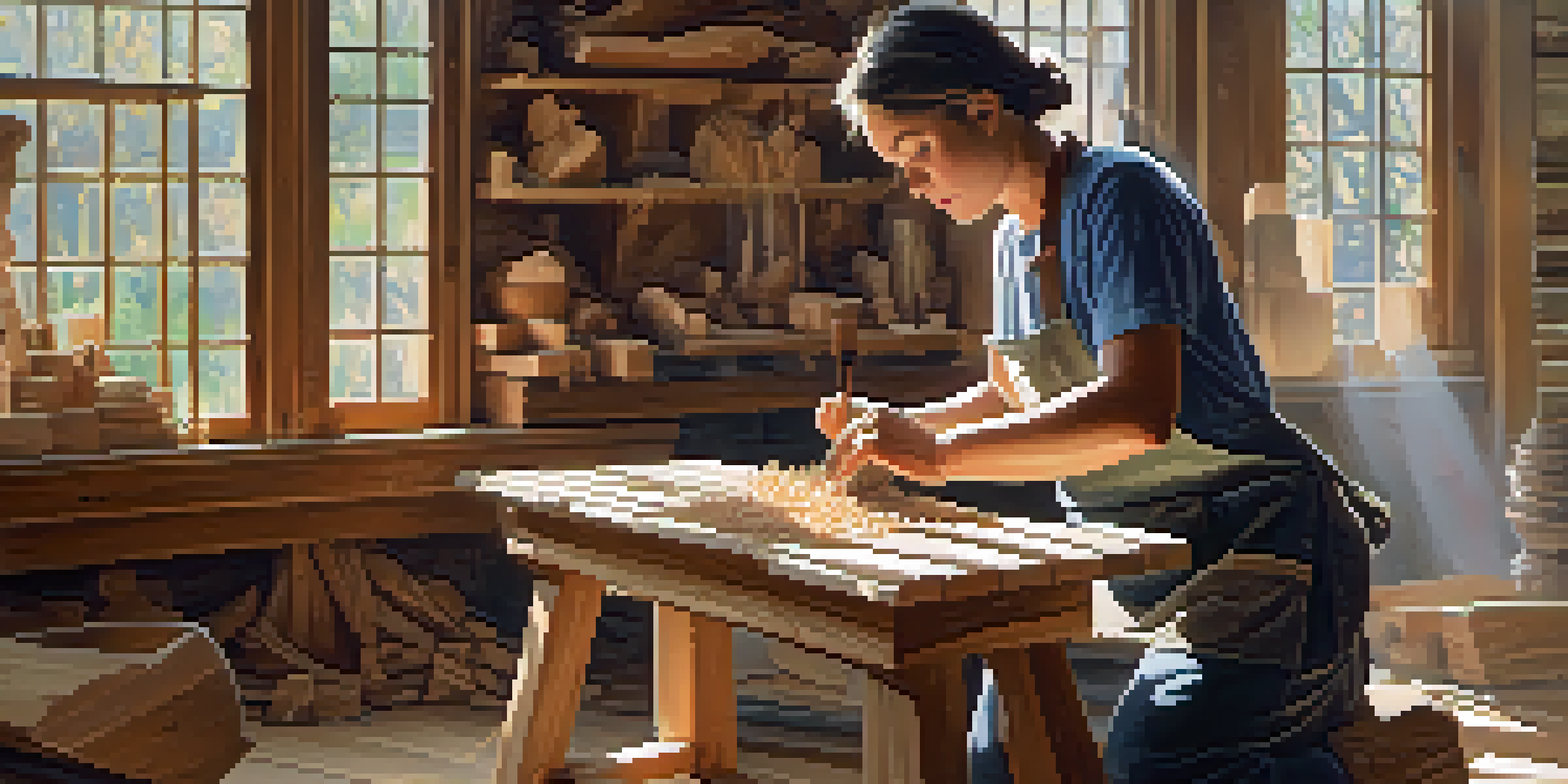 A skilled artisan carving a wooden sculpture in a sunlit workshop, surrounded by tools and wood shavings.