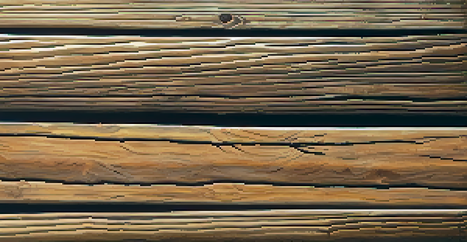 A close-up view of aged wood highlighting its unique grain patterns and natural sheen, with soft sunlight filtering through and creating delicate shadows.