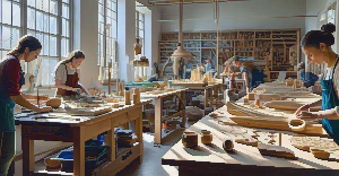 A bright workshop with diverse artists, including women and non-binary individuals, practicing various carving techniques under natural light, surrounded by colorful materials and their art.