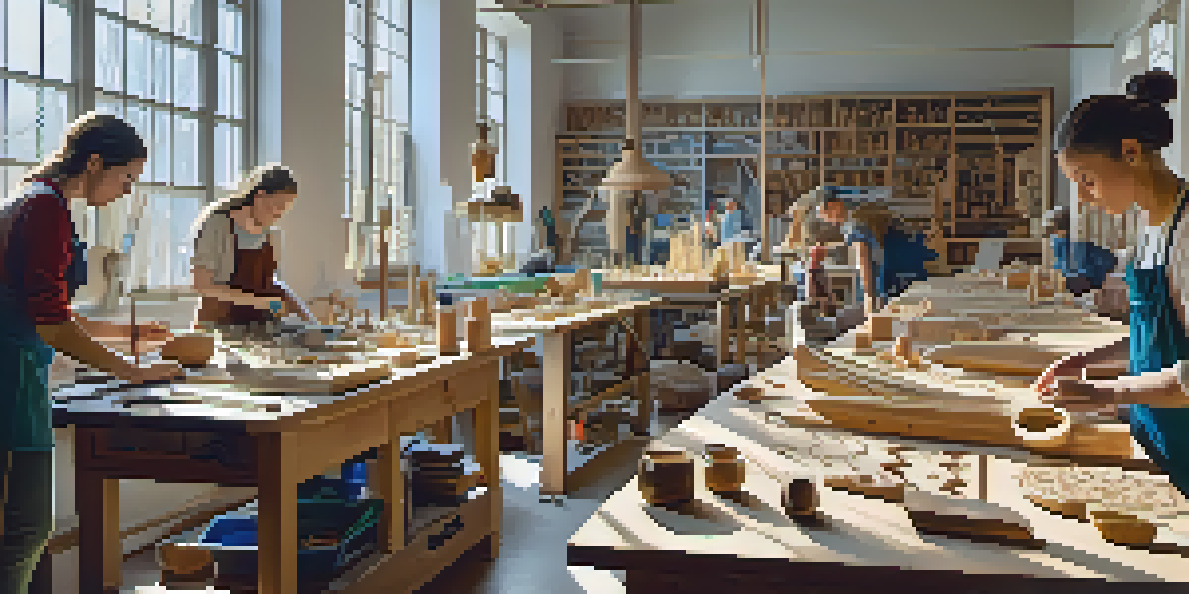 A bright workshop with diverse artists, including women and non-binary individuals, practicing various carving techniques under natural light, surrounded by colorful materials and their art.