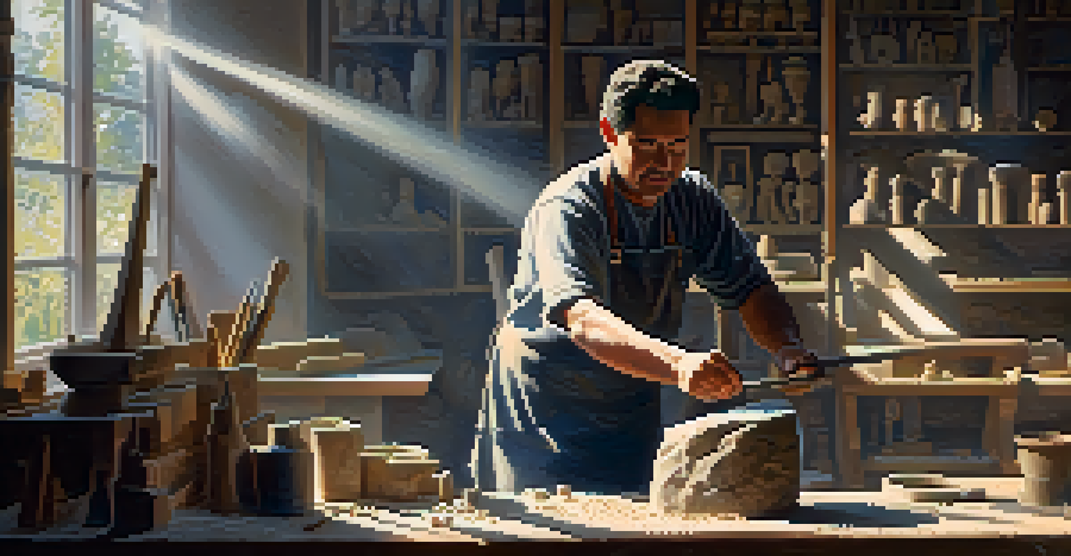 An artisan chiseling a stone sculpture in a sunlit workshop with tools on the workbench and dust particles in the air.