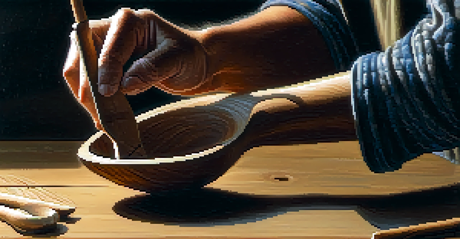 A pair of hands carving a wooden spoon with a whittling knife, showcasing the intricate details of the wood.