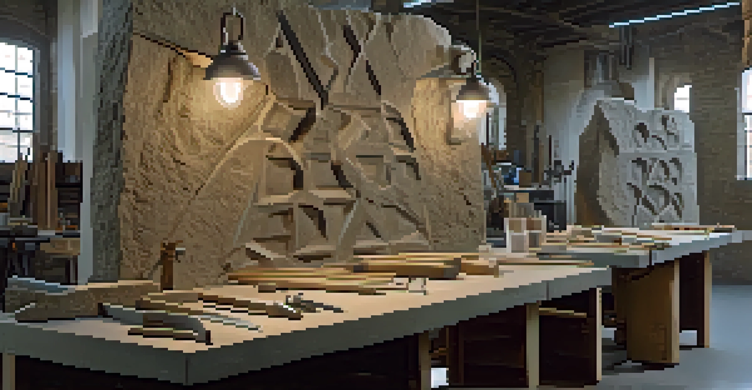 A stone carving workspace displaying diamond blades, saws, files, and rasps, with a finished sculpture in the background.