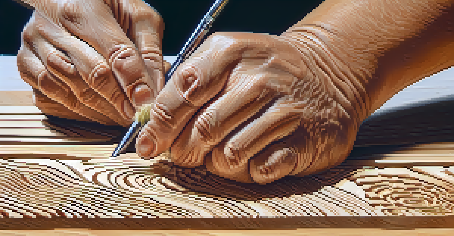 A close-up of hands carving detailed patterns into wood, highlighting the texture and craftsmanship involved.