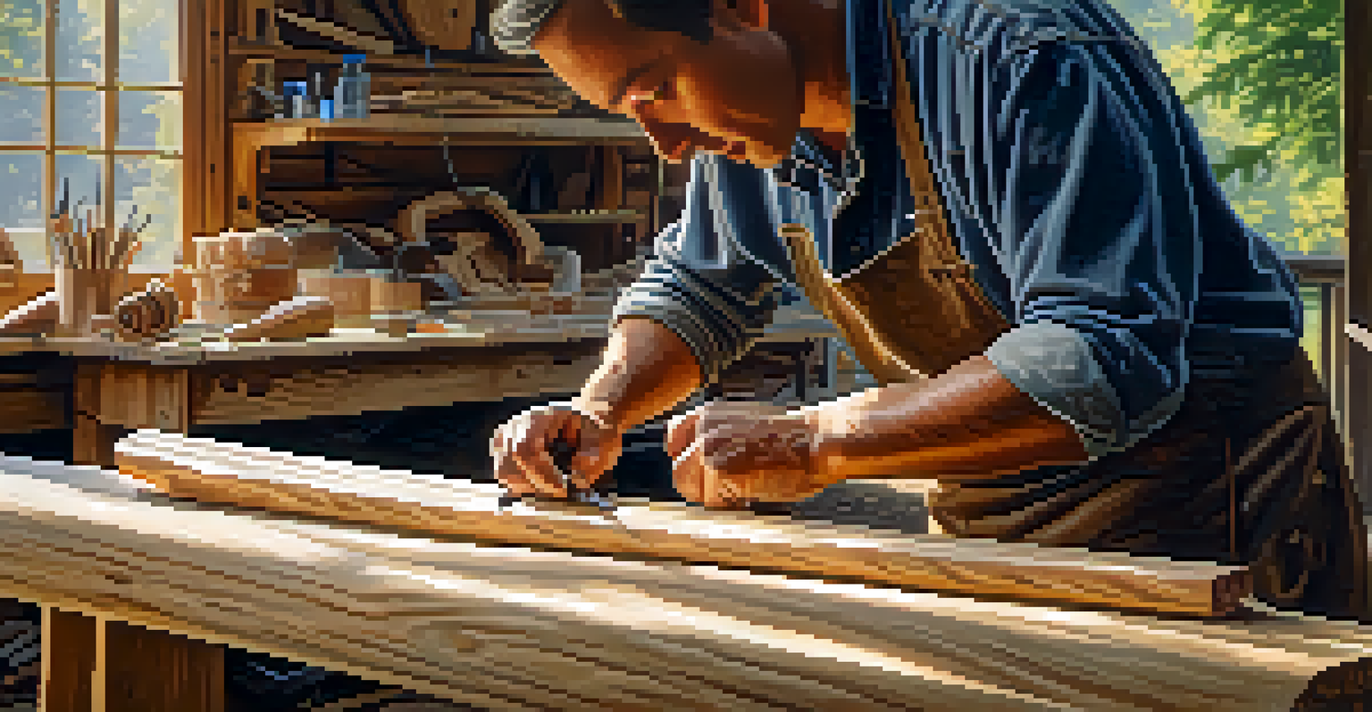 An artisan carving wood in a workshop, surrounded by tools and natural light, showcasing dedication to craftsmanship.