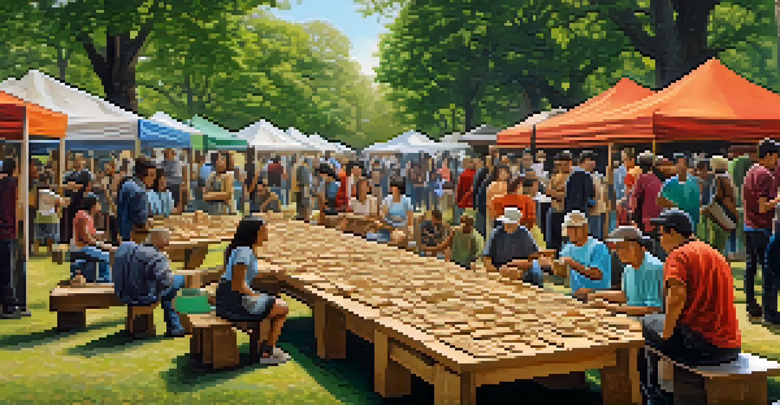 A community gathering in a park with diverse artists sharing carving skills, surrounded by colorful banners and wood sculptures.