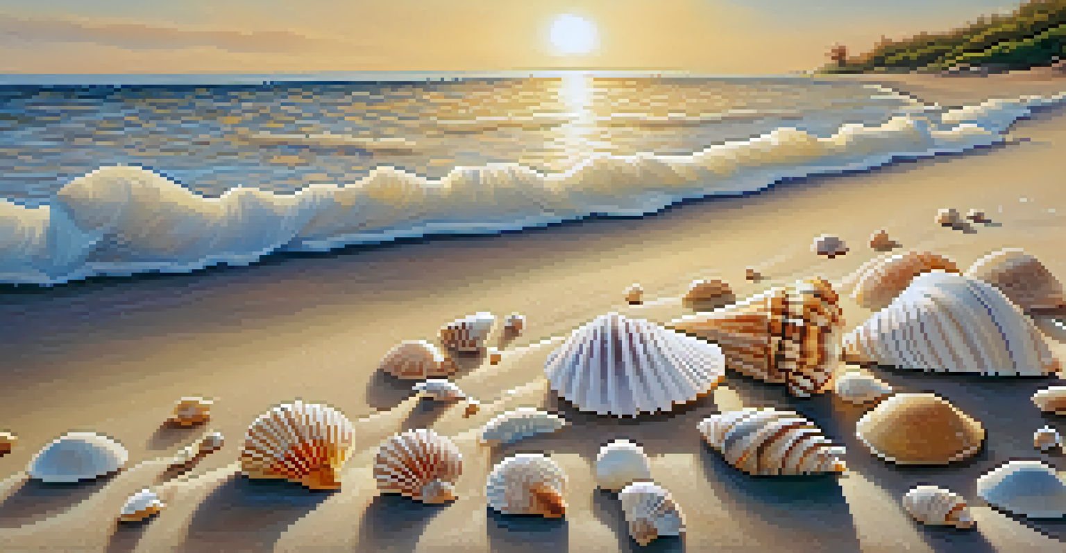 A beach scene with different seashells on sand, illuminated by sunlight, with gentle waves in the background.