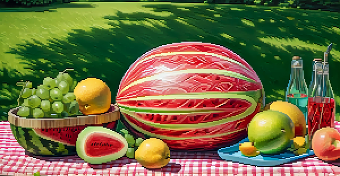 A watermelon carved into intricate floral patterns, placed on a picnic blanket with slices arranged on a wooden platter, under bright sunlight.