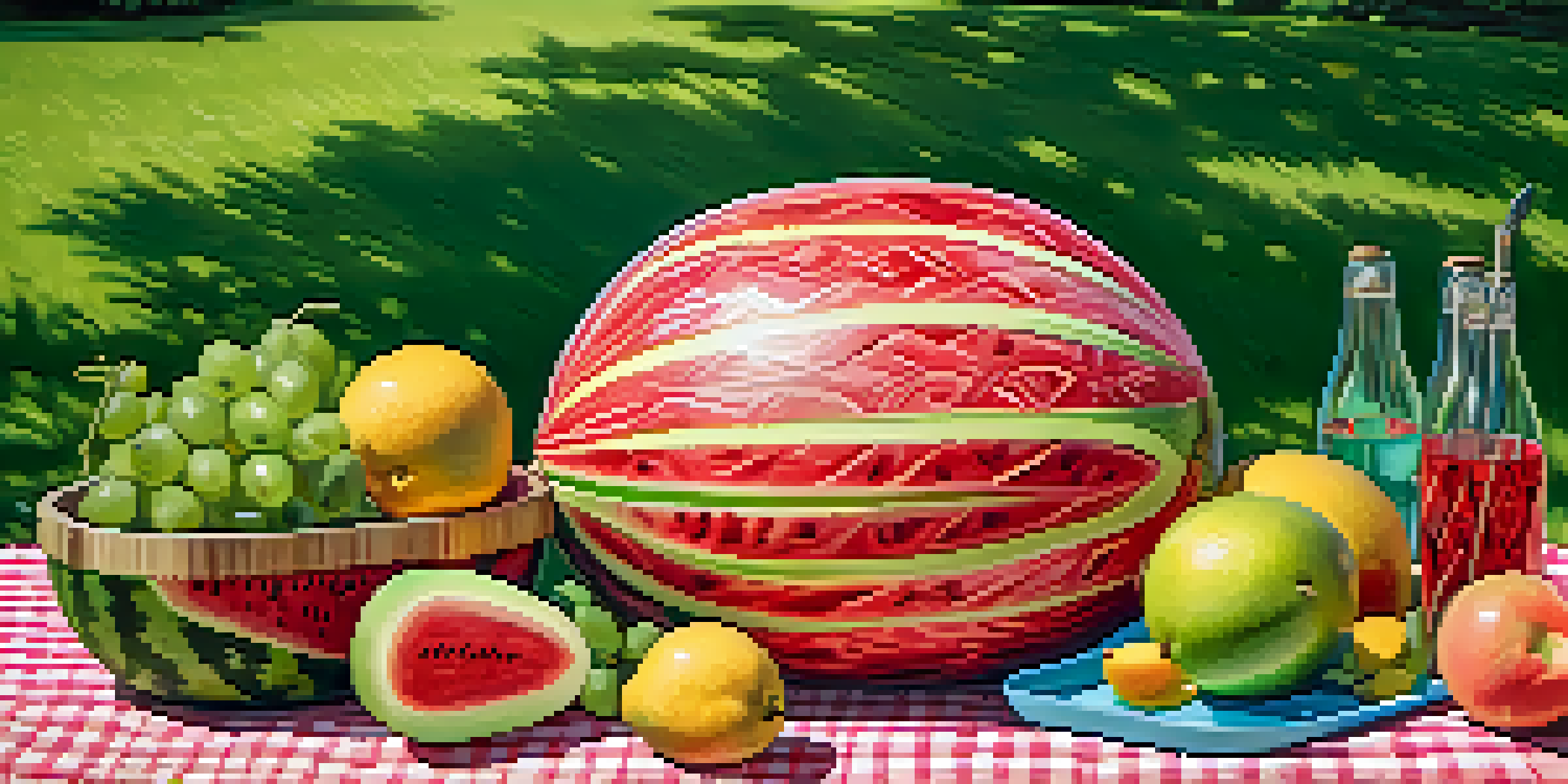 A watermelon carved into intricate floral patterns, placed on a picnic blanket with slices arranged on a wooden platter, under bright sunlight.