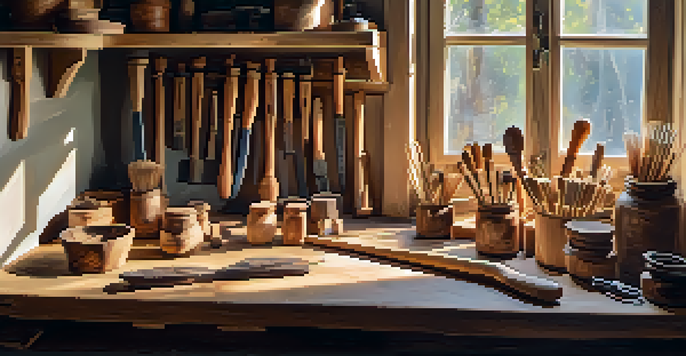 A bright workshop with wood carving tools on a workbench, featuring a partially carved wooden spoon and wood shavings in a warm, natural light.