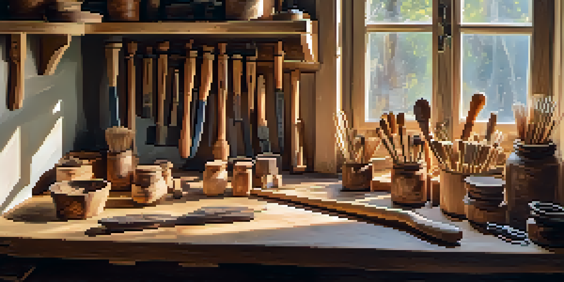 A bright workshop with wood carving tools on a workbench, featuring a partially carved wooden spoon and wood shavings in a warm, natural light.