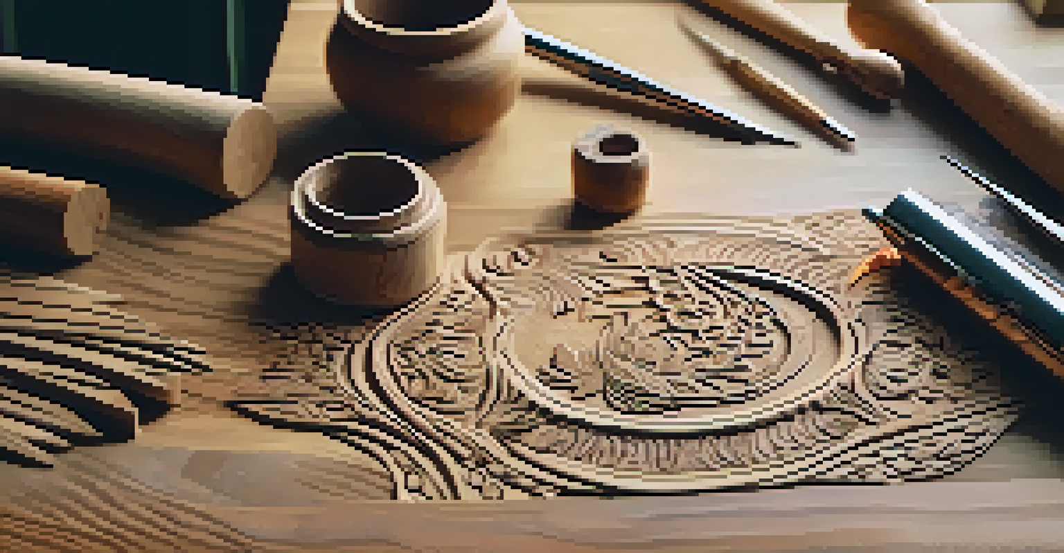 An overhead view of an intricate wooden carving in progress with tools and wood finish beside it.