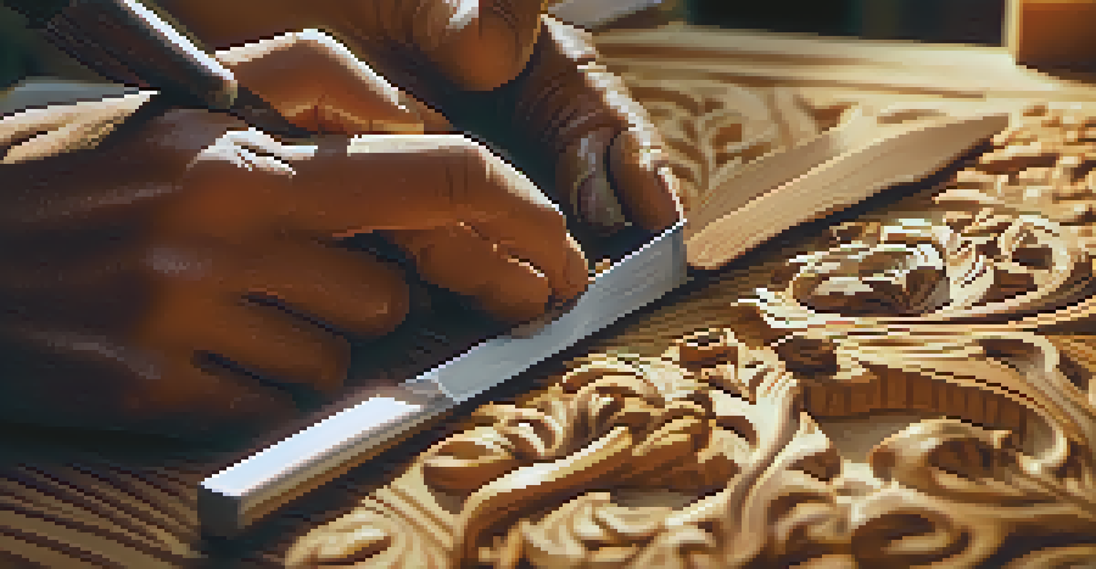 Close-up of hands carving intricate designs into wood with a knife, surrounded by wood shavings, in warm golden light.