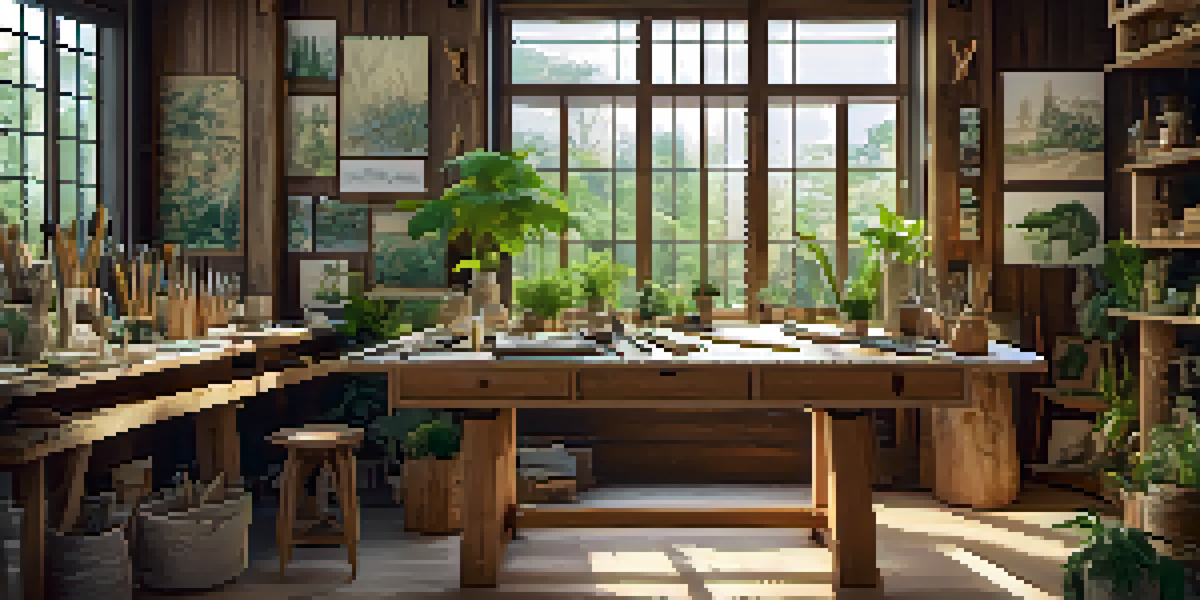 An artist's workshop filled with natural light and sustainable carving materials, including bamboo and reclaimed wood, with intricate carvings and greenery.