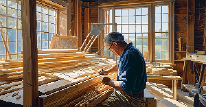 A sculptor diligently carving a large piece from reclaimed wood in a bright workshop, with sunlight highlighting the textures and tools scattered around.